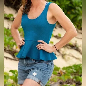 Ganni Waffle Knit Cerulean Blue Peplum Scoop Neck Tank Womens Size Medium